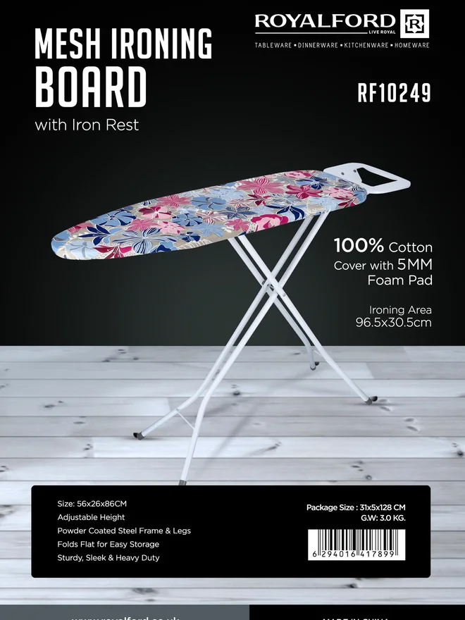 رويال فورد Royalford Mesh Ironing Board with Iron Rest, 100% Cotton Cover RF10249